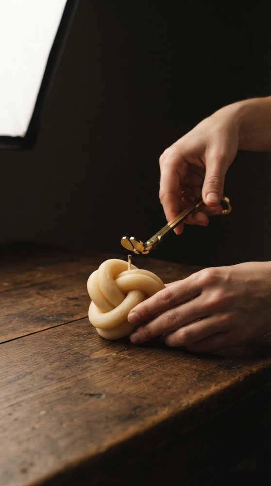 Mãos acendem vela decorativa em forma de nó com isqueiro dourado numa mesa de madeira