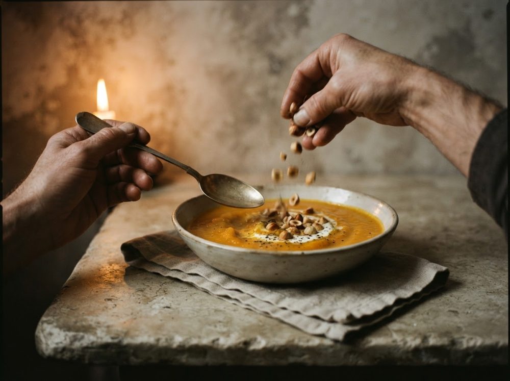 Mãos a servir sopa cremosa laranja com avelãs, colher e vela ao fundo