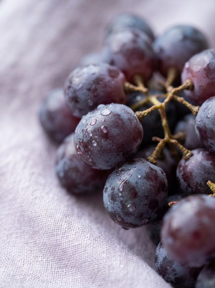 Cacho de uvas roxas frescas com gotas de água sobre tecido lilás