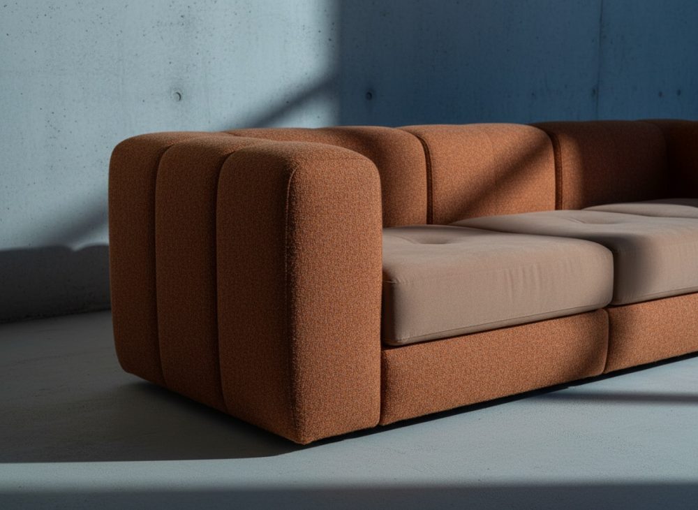 Sofá moderno castanho com almofadas cinza claro e design volumoso em sala de estar minimalista