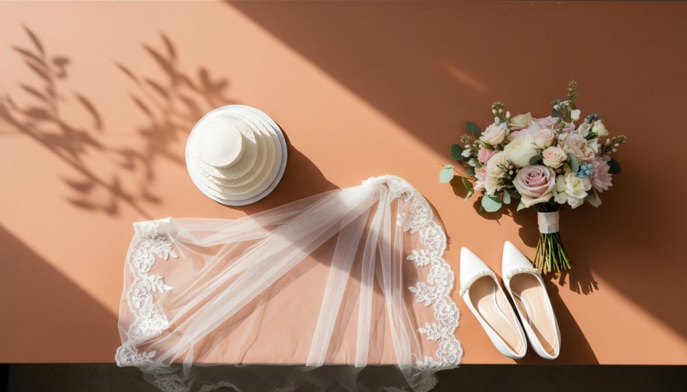 Conjunto de véu, sapatos brancos, bouquet de flores e chapéu para noiva sobre mesa cor de terra