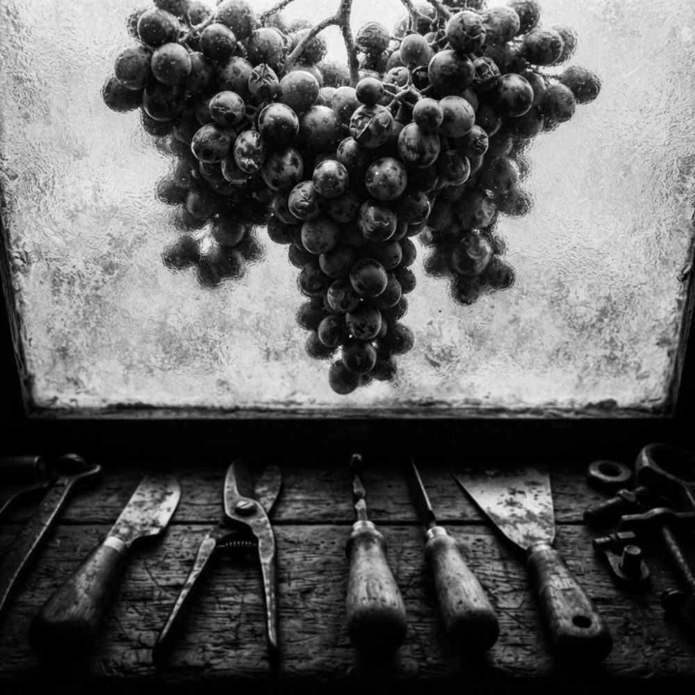 Cachos de uvas pendurados em janela texturizada com ferramentas antigas alinhadas numa mesa de madeira