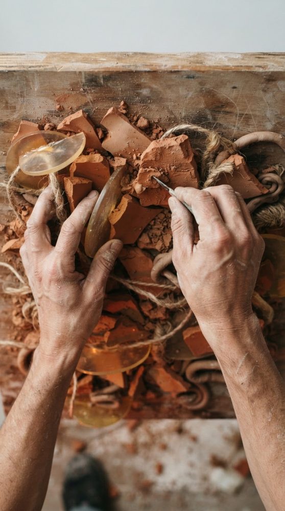 Mãos de artista a manipular terracota fragmentada com cordas numa superfície de madeira