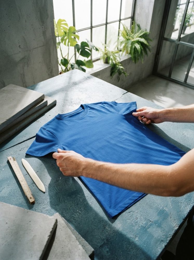 T-shirt azul estendida sobre mesa de cimento com plantas e luz natural