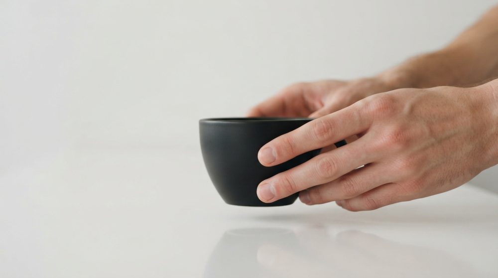 Mãos femininas segurando chávena preta sobre mesa branca em ambiente minimalista