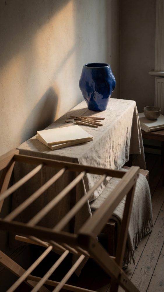 Vaso cerâmico azul sobre mesa com tecido rústico e objetos de madeira iluminados pela luz natural