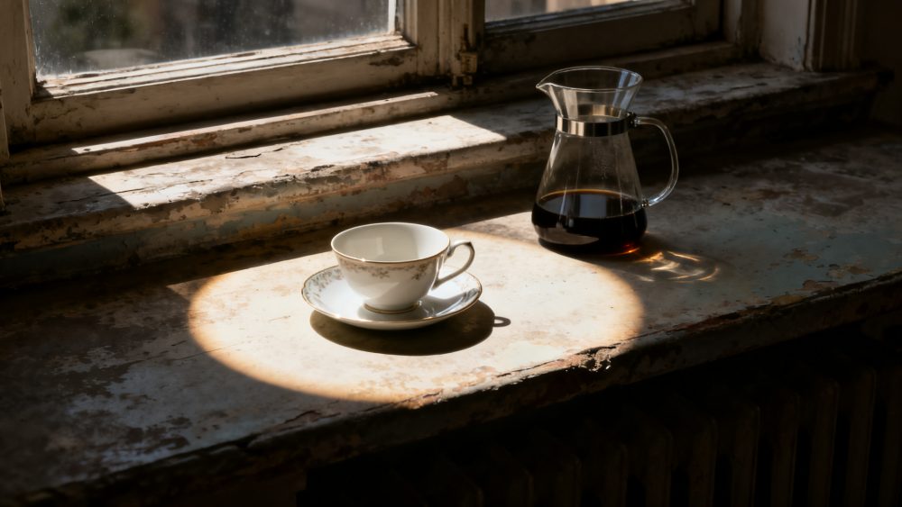 Chávena de porcelana com pires e jarro de vidro com café num peitoril antigo iluminado por sol