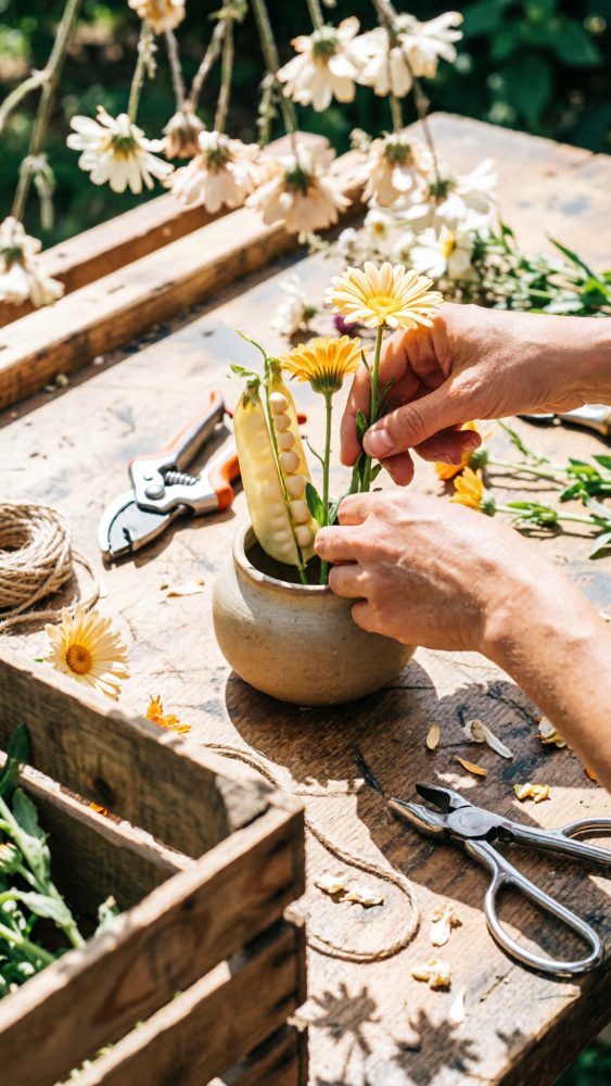 Mãos a montar arranjo com margaridas amarelas e ervilha fresca num pequeno vaso sobre mesa de madeira