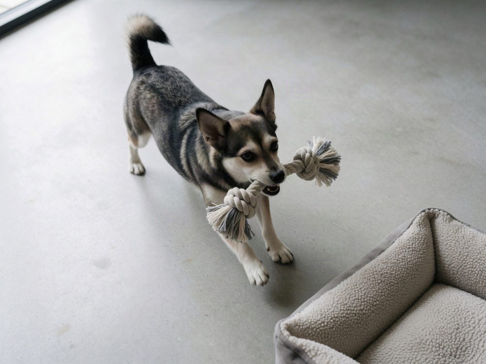 Cão pequeno a segurar brinquedo de corda branco e cinzento junto a cama para animais bege