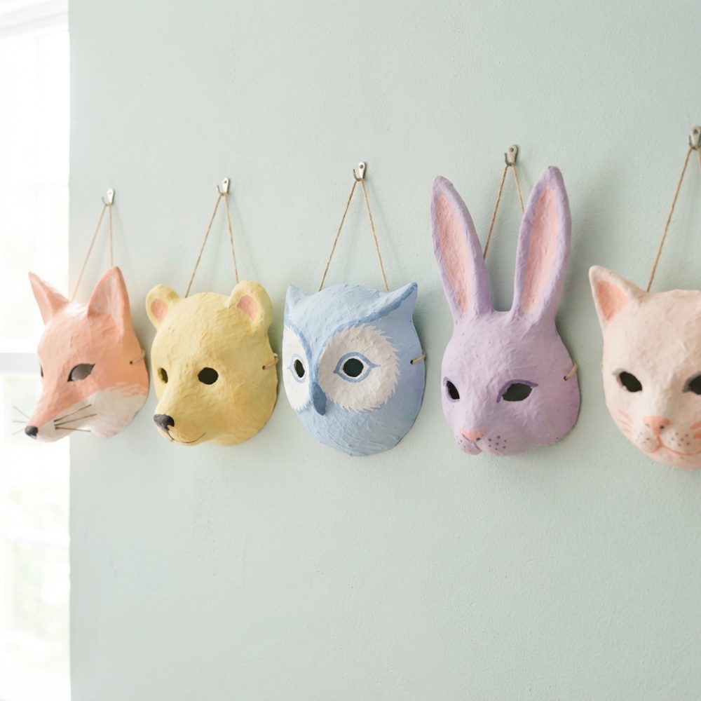 Máscaras artesanais de animais coloridos penduradas numa parede clara