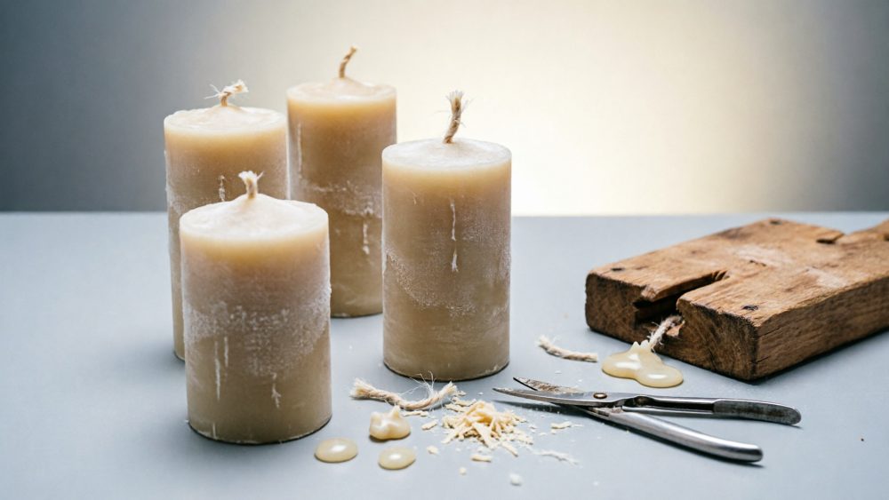 Conjunto de quatro velas bege artesanais com corta-pavio e tábua de madeira