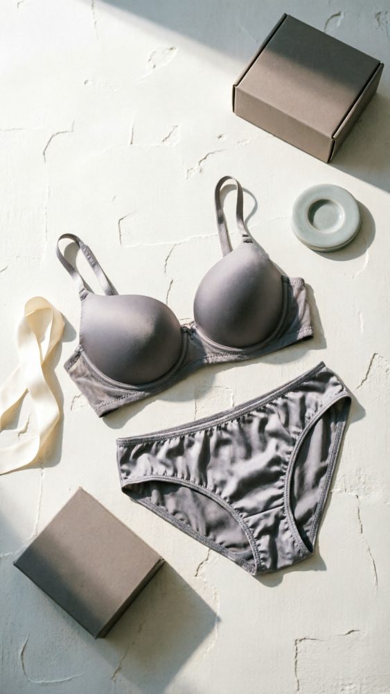 Conjunto de lingerie cinza composto por soutien e cueca disposto em superfície clara com caixas