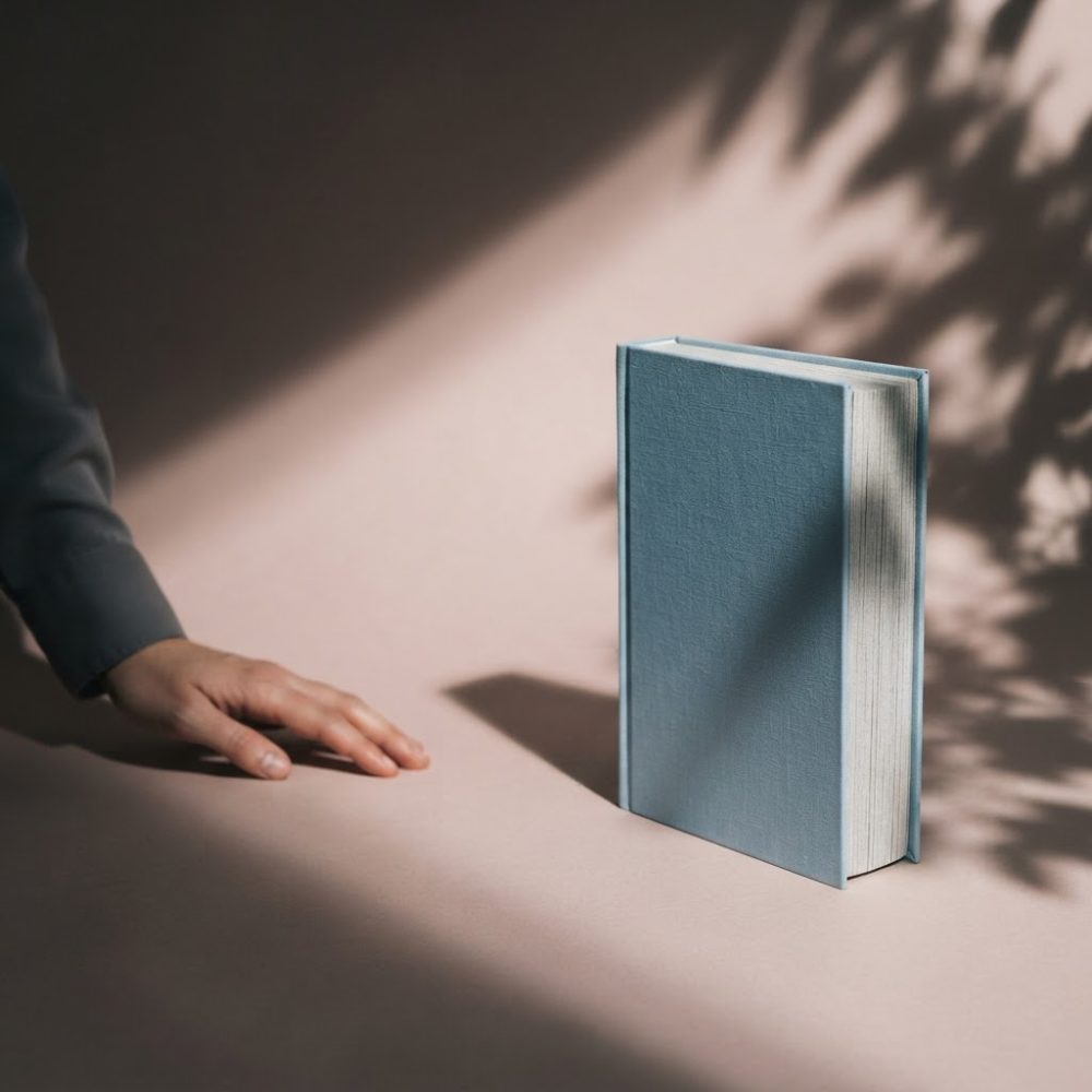 Livro azul de capa dura em superfície clara com sombra e mão próxima