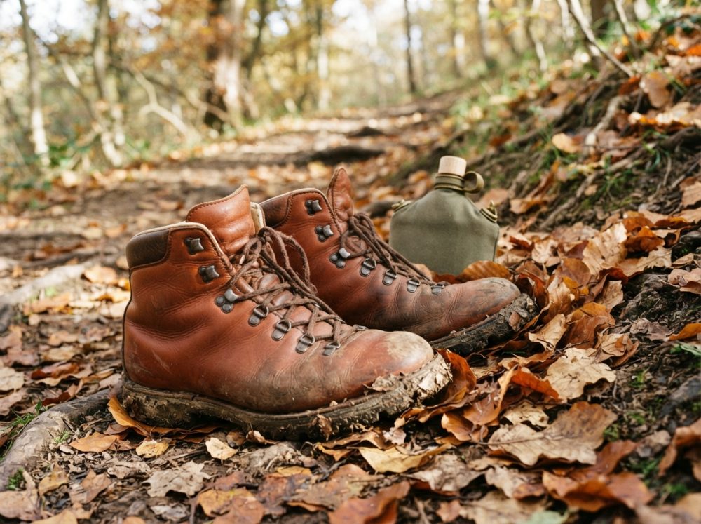 Botas de caminhada em pele castanha e cantil verde sobre folhas secas em floresta outonal