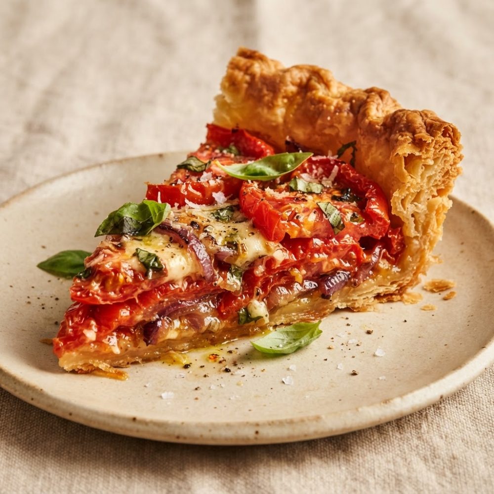 Fatia de tarte de tomate com manjericão e massa folhada num prato creme