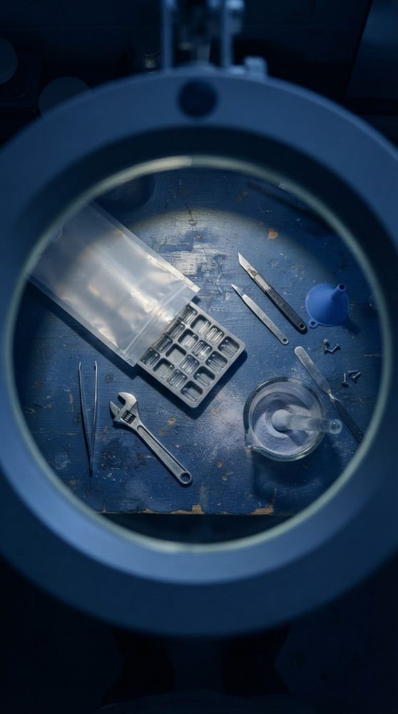 Conjunto de ferramentas e materiais para preparação de suplementos sobre mesa azul iluminada