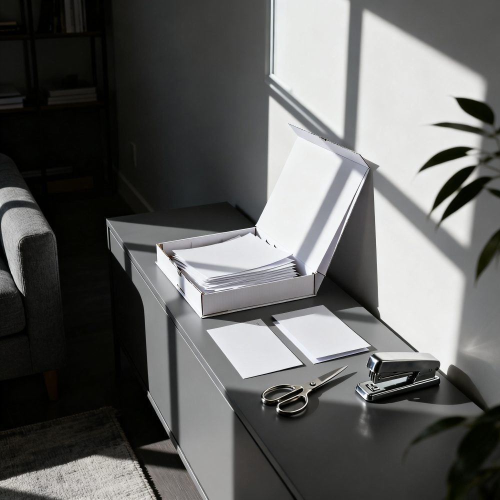 Folhas de papel, tesoura e agrafador sobre móvel cinza iluminado por luz natural