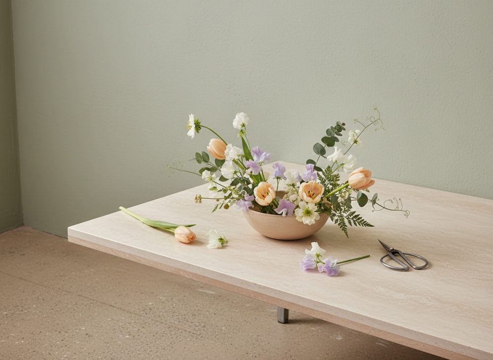 Arranjo floral com flores pastel numa tigela sobre mesa clara, flores soltas e tesoura ao lado