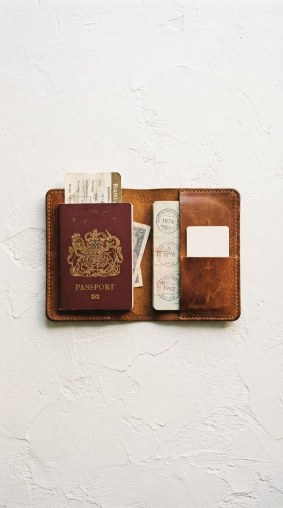 Porta-passaporte em couro aberto com passaporte, bilhetes e cartões organizados no interior.