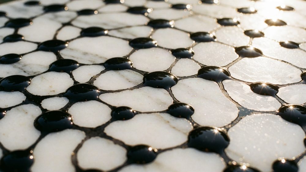 Superfície abstrata com formas brancas irregulares e pontos negros brilhantes em fundo escuro