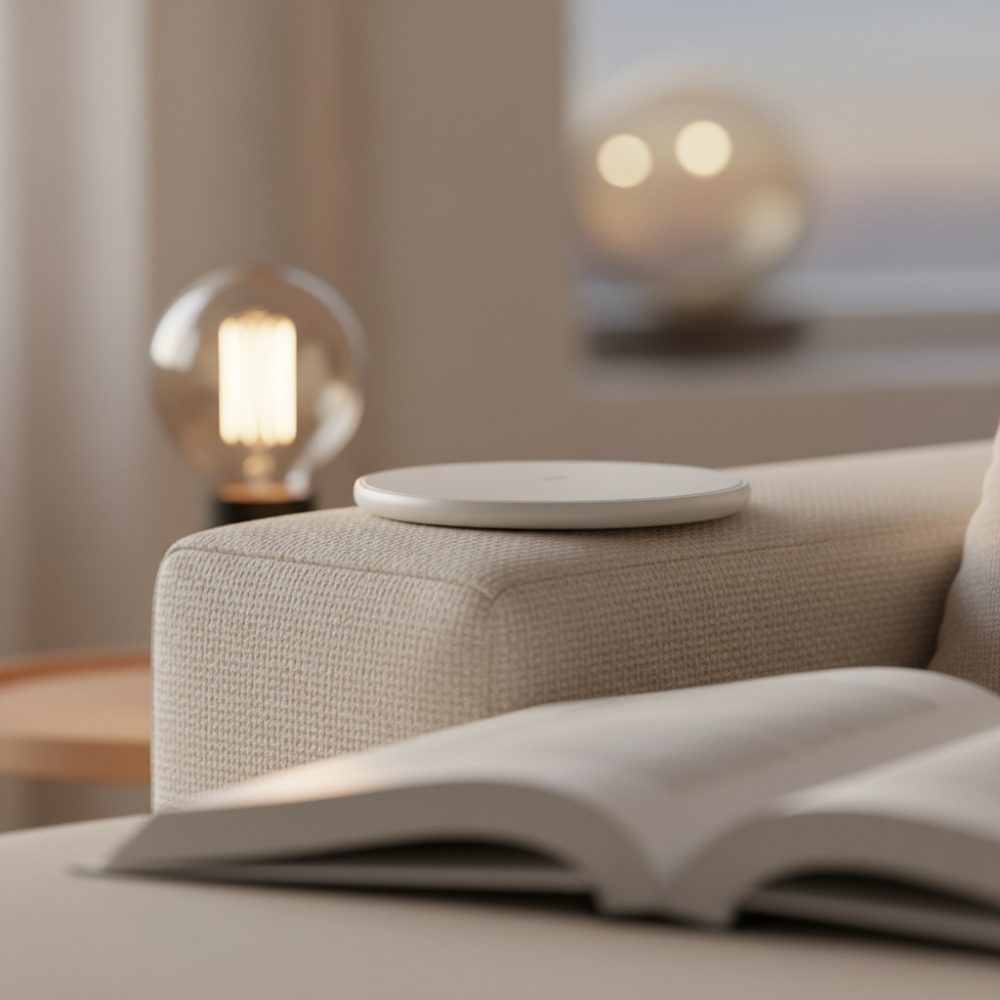 Carregador wireless branco sobre sofá bege com luminárias de vidro e luz quente ao fundo