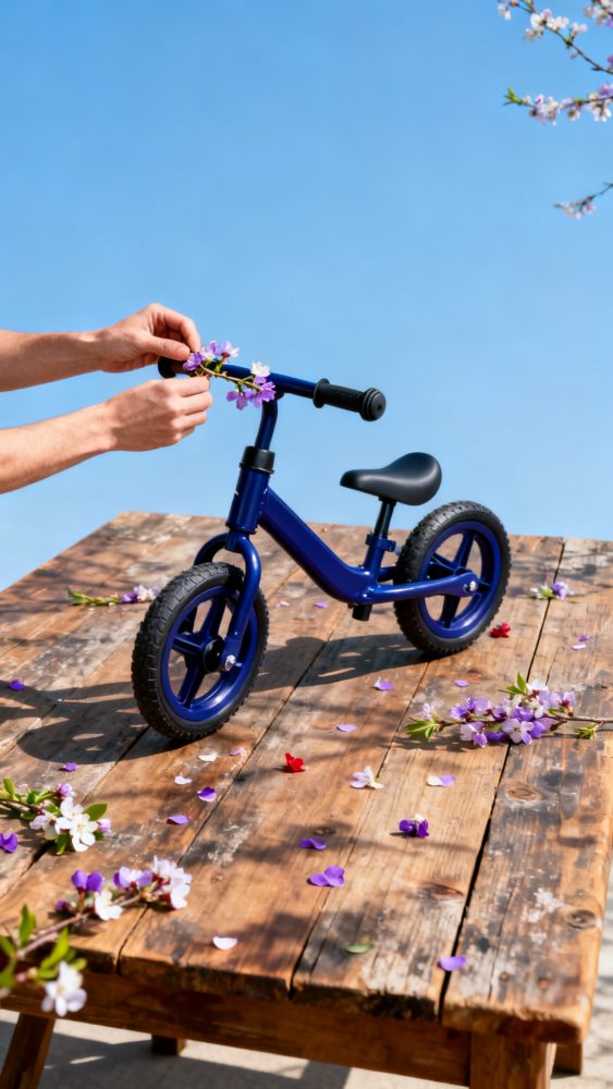 Bicicleta azul infantil sem pedais numa mesa de madeira com flores e mãos a decorar o guiador