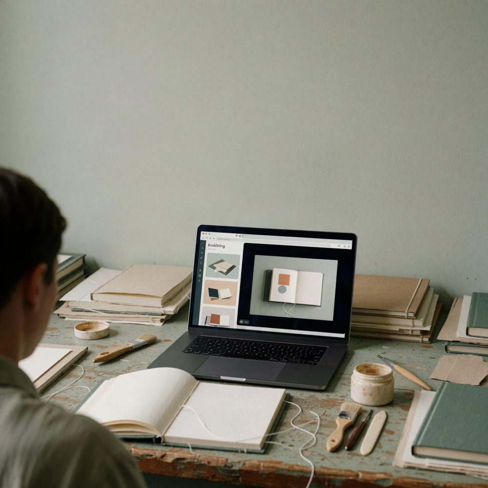 Pessoa a trabalhar num portátil com design de livro digital numa mesa com livros e pincéis