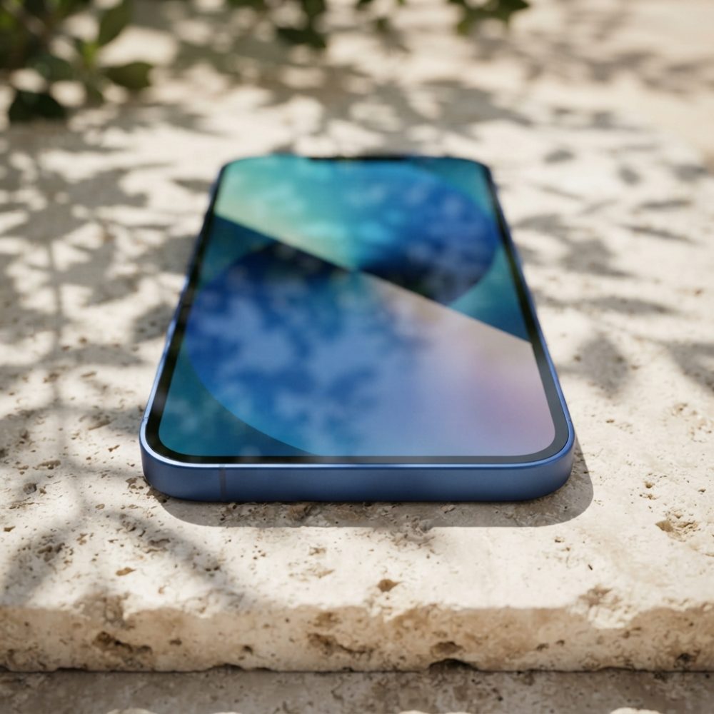 Smartphone azul com ecrã refletindo sombras de folhas sobre pedra clara