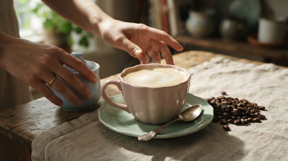 Chávena de café com espuma, pires verde, grãos de café e mão segurando pote de açúcar azul