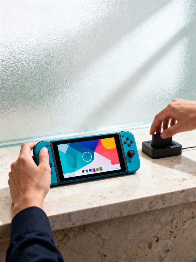 Consola de jogos portátil azul em superfície de mármore com ecrã colorido e estação de carregamento preta