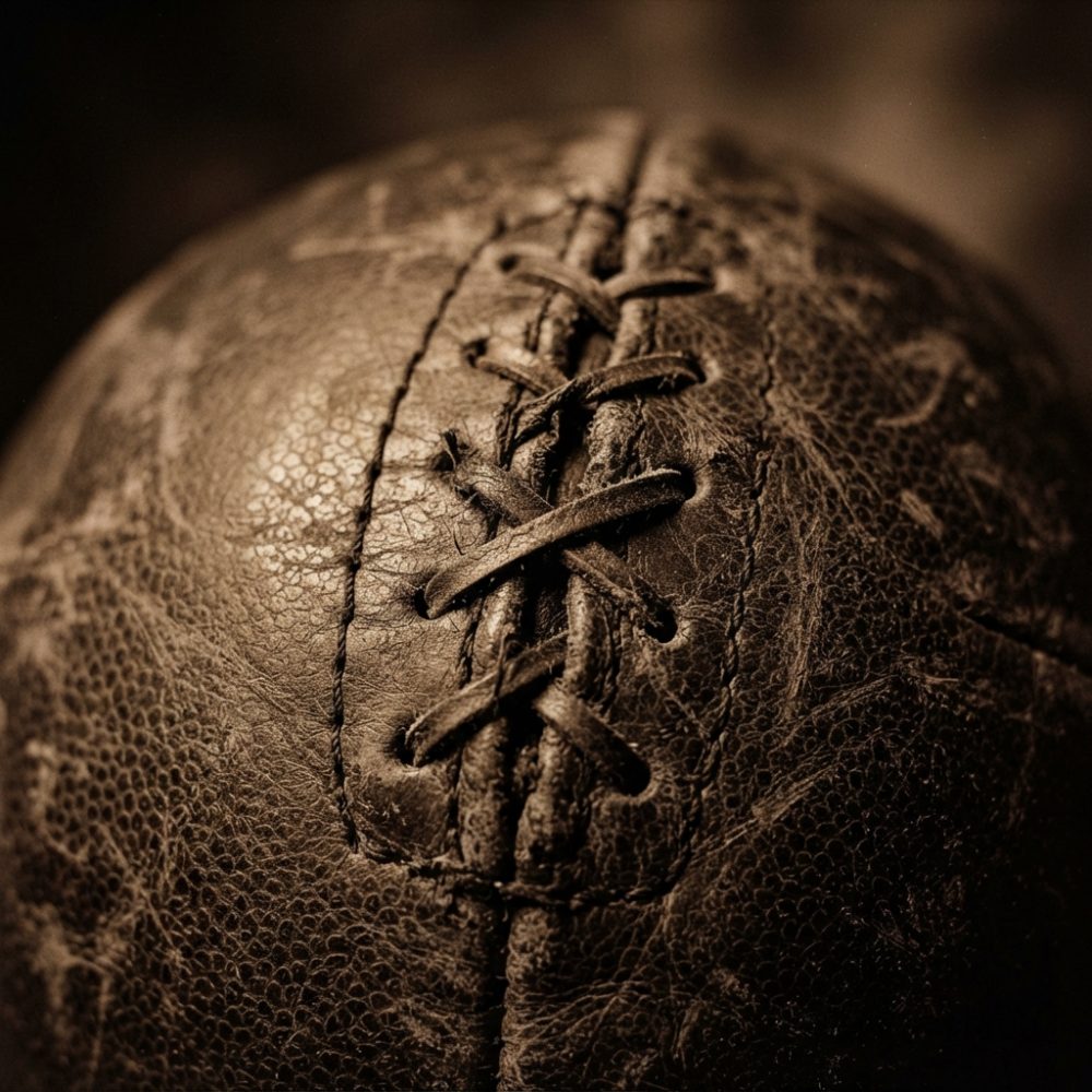 Close-up de bola de futebol americano em couro envelhecido com costuras visíveis