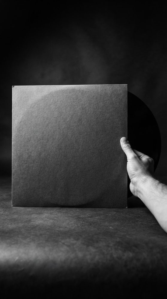 Mão a segurar capa de disco vinil cinzenta sobre fundo preto