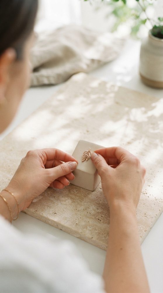 Mãos segurando pendente dourado em forma de folha sobre base de pedra clara