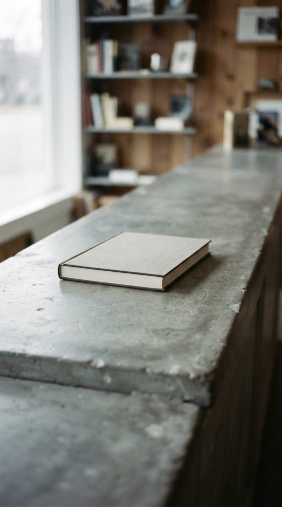 Livro cinzento sobre balcão rústico de cimento com estantes de livros desfocadas ao fundo