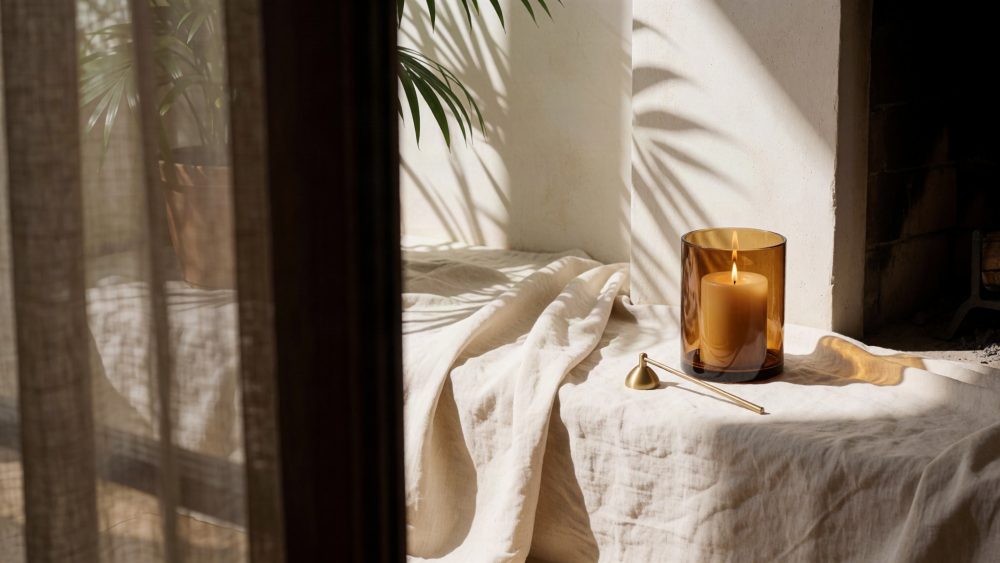 Vela acesa em copo âmbar sobre tecido branco com sombras de plantas e luz natural.
