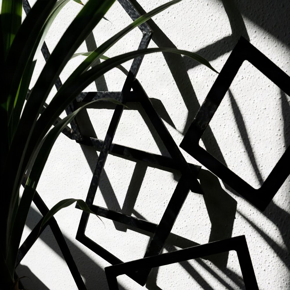 Sombras geométricas pretas na parede branca com folhas verdes em primeiro plano