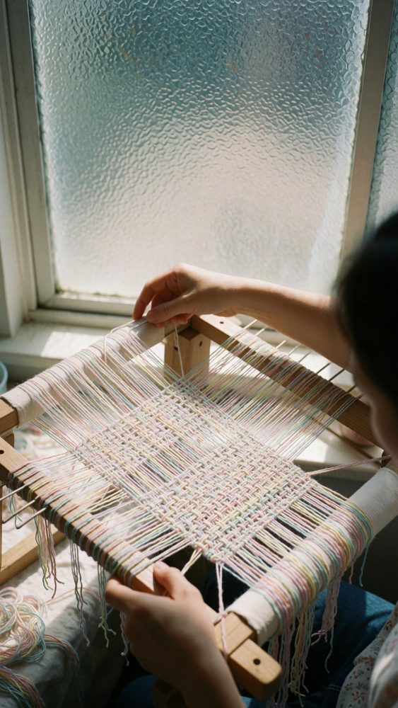 Mãos a trabalhar num tear manual em madeira com fios coloridos perto de uma janela