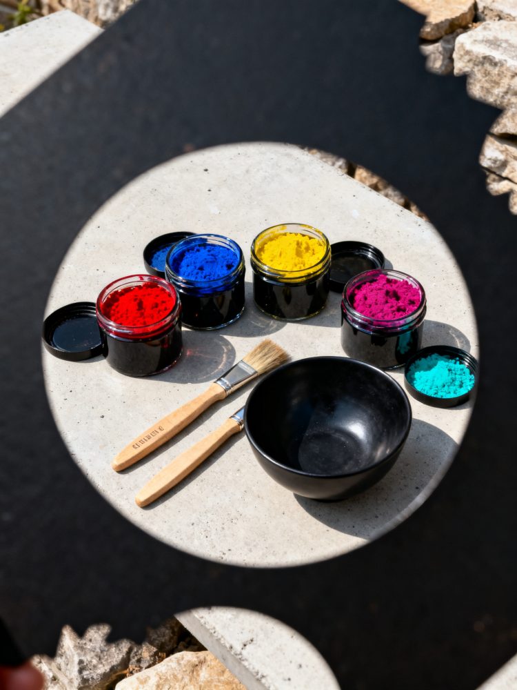 Tintas em pó coloridas com pincéis e tigela preta para pintura artística