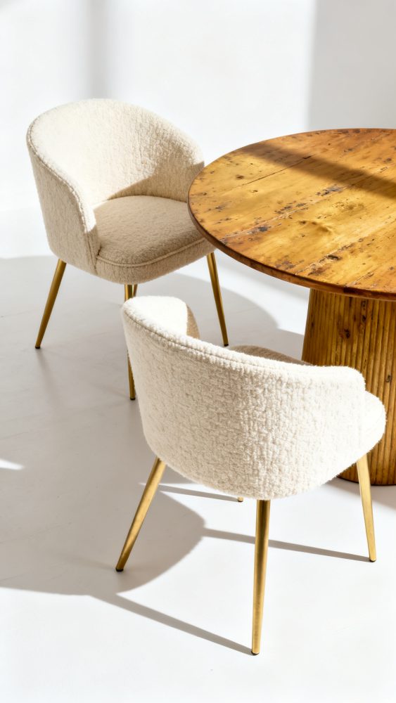 Duas cadeiras brancas estofadas com pernas douradas junto a uma mesa redonda de madeira clara