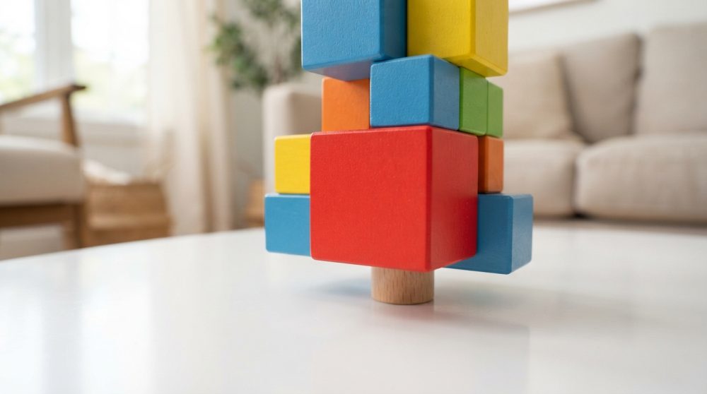 Blocos de construção em madeira colorida empilhados numa mesa branca com fundo de sala de estar