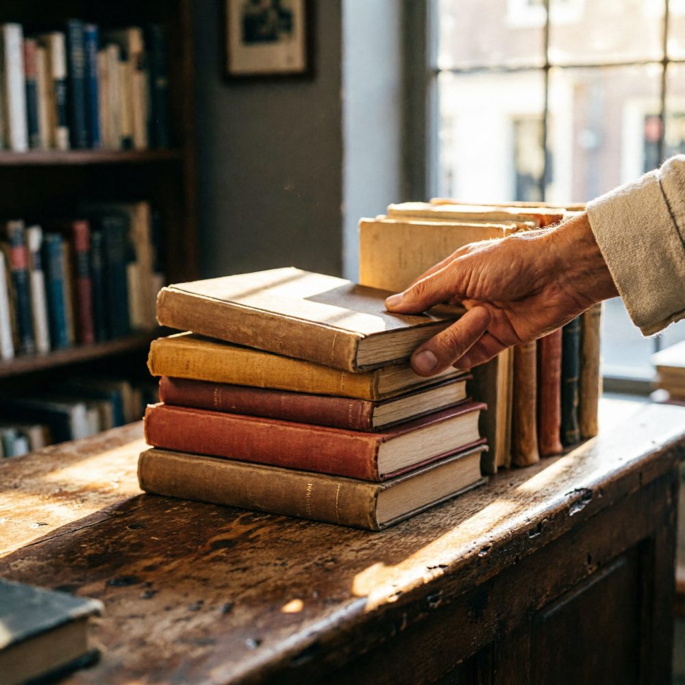 Pessoa a pegar num livro antigo empilhado numa mesa rústica com estantes ao fundo