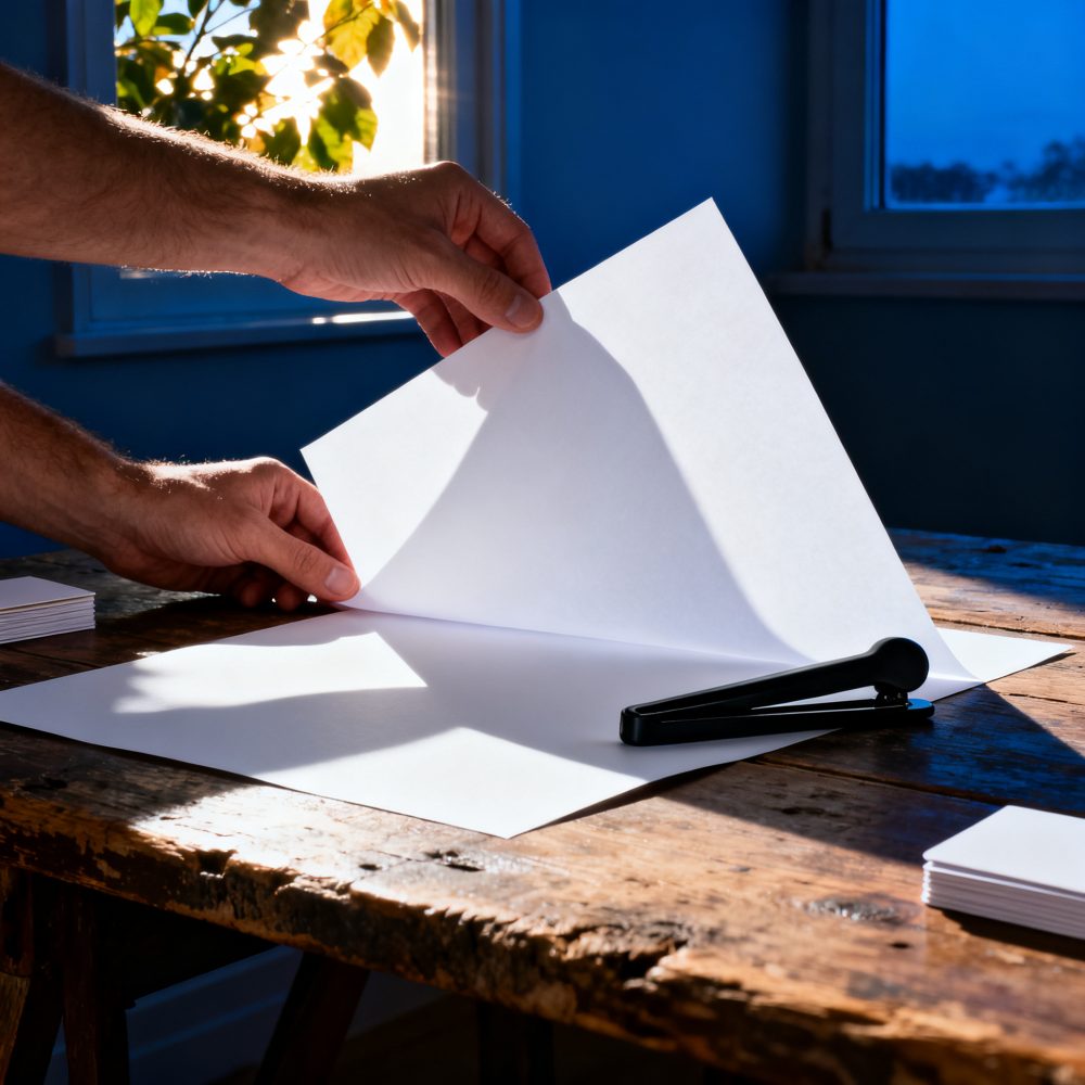 Mãos a pegar folhas de papel branco A4 sobre mesa de madeira com suporte preto