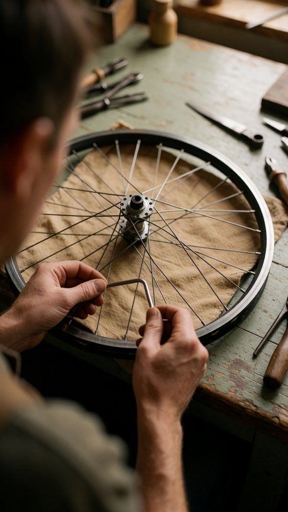 Mãos ajustam os raios de uma roda de bicicleta numa bancada com ferramentas