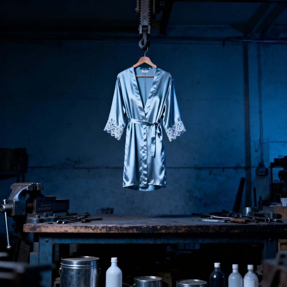 Robe azul de cetim com renda pendurado em cabide numa oficina industrial pouco iluminada