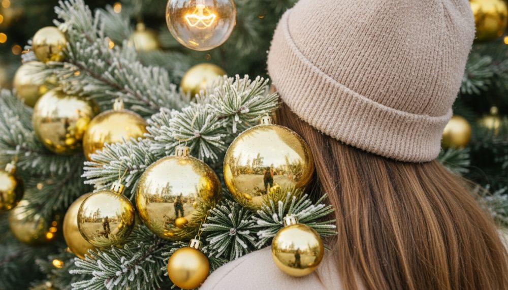 Mulher de costas com gorro bege junto a ramo de pinheiro com bolas douradas de Natal