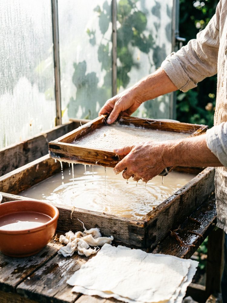 Mãos a fazer papel artesanal com molde de madeira e materiais naturais sobre mesa rústica