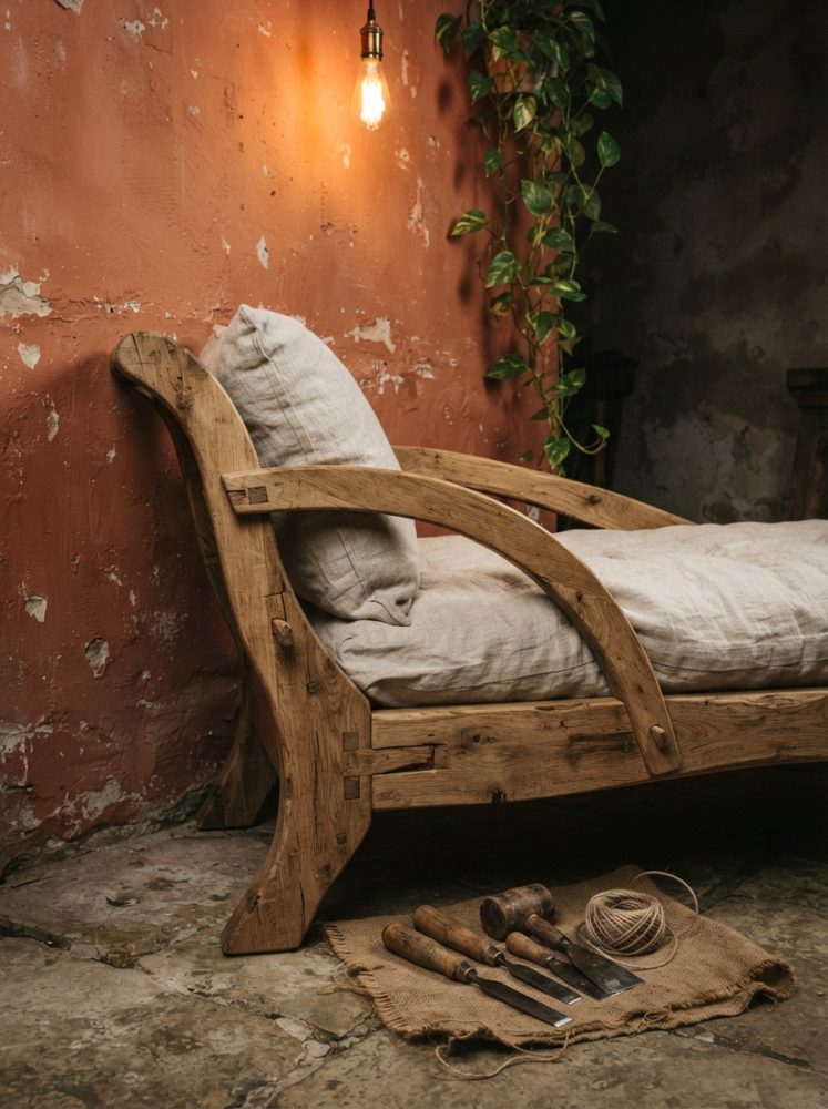 Sofá rústico em madeira com almofadas bege junto a parede terracota desgastada e ferramentas no chão