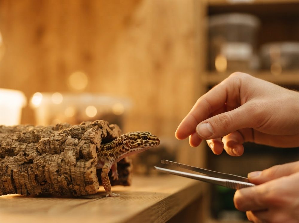 Lagarto a sair de tronco com mãos humanas segurando pinça ao lado