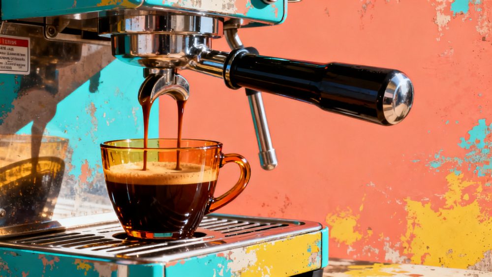 Máquina espresso azul vintage a servir café numa chávena de vidro âmbar com fundo colorido desgastado