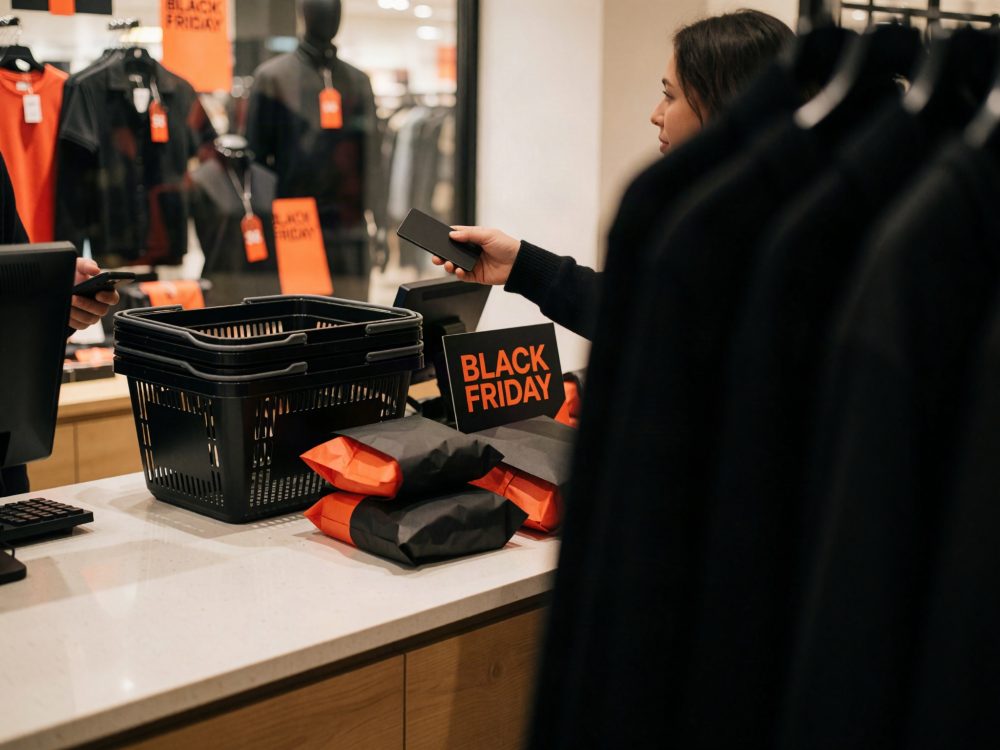 Cliente a pagar com smartphone numa loja de roupa durante Black Friday
